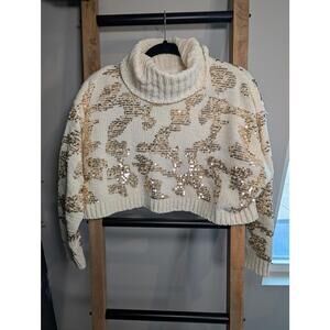 Cream Sequin Patterned Cropped Turtleneck Sweater - Small